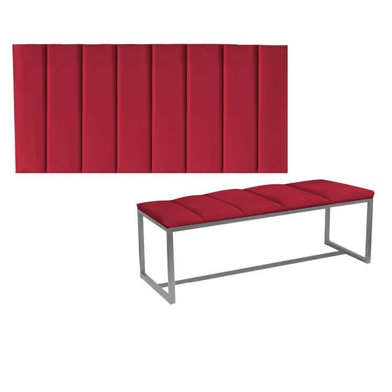 Imagem de Kit Painel Carla e Calçadeira Industrial 160cm Queen Size Box Ferro Prata Sintético Vermelho - Ahz Móveis