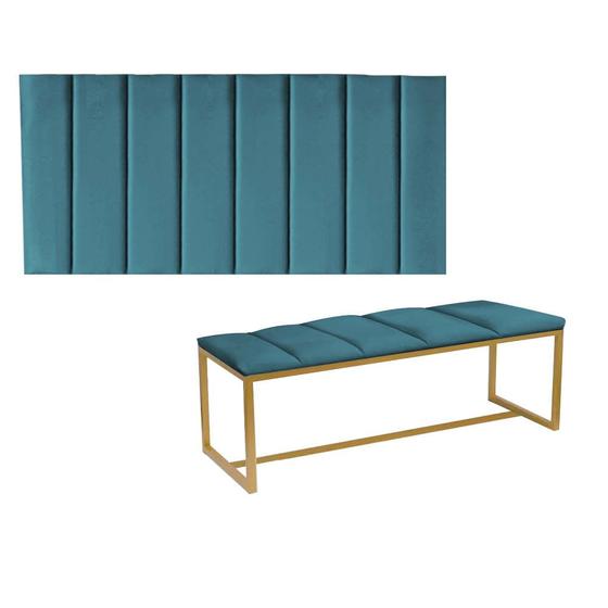 Imagem de Kit Painel Carla e Calçadeira Industrial 195cm King Size Box Ferro Dourado Suede Azul Turquesa - Ahz Móveis