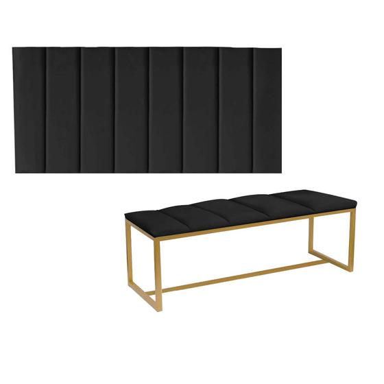 Imagem de Kit Painel Carla e Recamier Industrial 140cm Casal Box Ferro Dourado Sintético Preto - Ahz Móveis