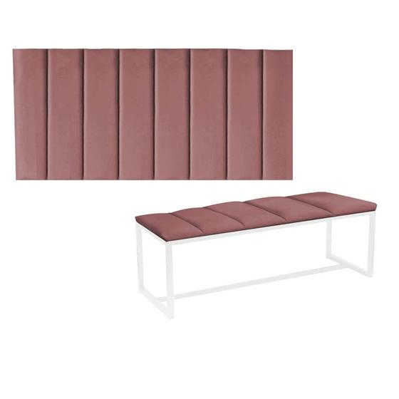 Imagem de Kit Painel Carla e Recamier Industrial 90cm Solteiro Box Ferro Branco Suede Rose - Ahazzo Móveis