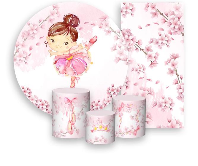 Imagem de Kit Painel De Festa + Trio Capa Cilindro + Faixa Veste Fácil - Bailarina Aquarela Rosa 001