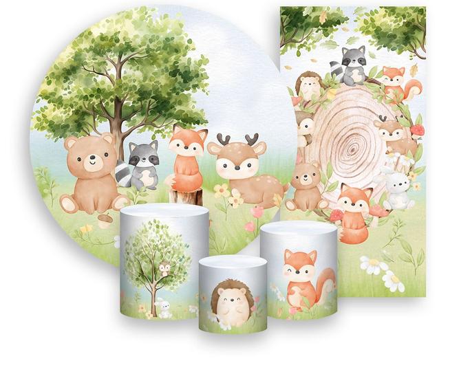 Imagem de Kit Painel De Festa + Trio Capa Cilindro + Faixa Veste Fácil - Bosque Bege Animais 005