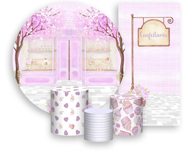 Imagem de Kit Painel De Festa + Trio Capa Cilindro + Faixa Veste Fácil -  Doces Confeitaria Lilás 002