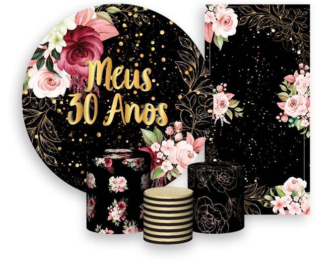 Imagem de Kit Painel De Festa + Trio Capa Cilindro + Faixa Veste Fácil - Flores Efeito Brilhos Meus 30 Anos Dourado 012