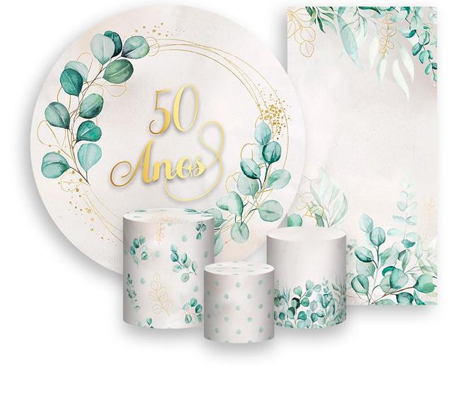 Imagem de Kit Painel De Festa + Trio Capa Cilindro + Faixa Veste Fácil - Geométrico Folhagens 50 Anos 012