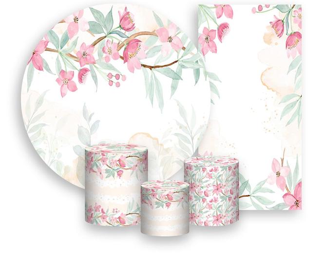 Imagem de Kit Painel De Festa + Trio Capa Cilindro + Faixa Veste Fácil - Jardim Aquarela Floral Primavera 020