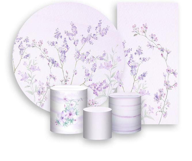 Imagem de Kit Painel De Festa + Trio Capa Cilindro + Faixa Veste Fácil - Jardim Floral Lilás Suave 016