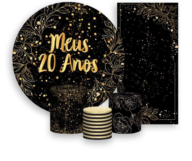 Imagem de Kit Painel De Festa + Trio Capa Cilindro + Faixa Veste Fácil - Meus 20 Anos Efeito Brilhos Dourado 039