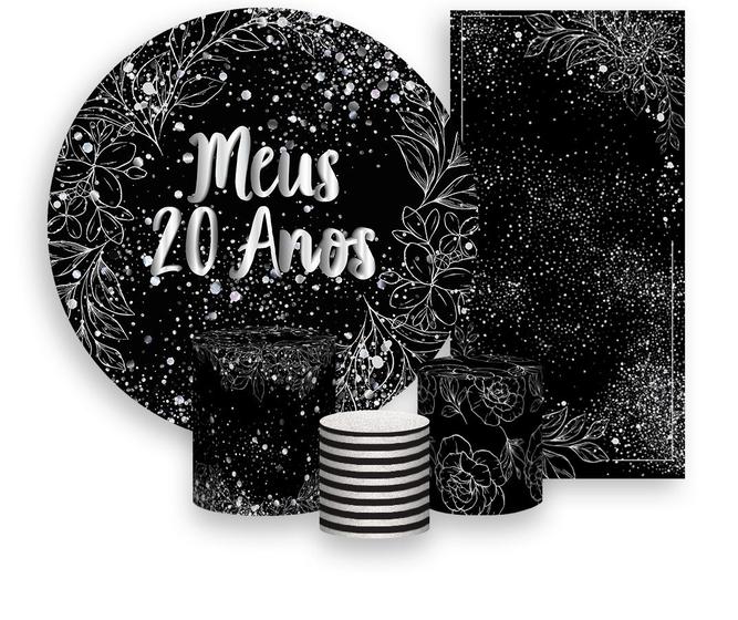 Imagem de Kit Painel De Festa + Trio Capa Cilindro + Faixa Veste Fácil - Meus 20 Anos Efeito Brilhos Prateados 040