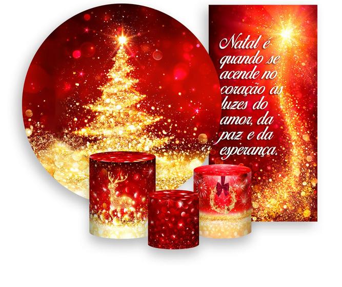 Imagem de Kit Painel De Festa + Trio Capa Cilindro + Faixa Veste Fácil - Natal Fundo Vermelho Efeito Glitter Dourados 004