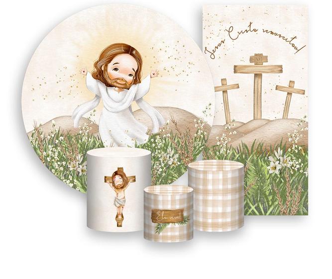 Imagem de Kit Painel De Festa + Trio Capa Cilindro + Faixa Veste Fácil  - Páscoa Jesus Cristo Ele Vive Cute 008