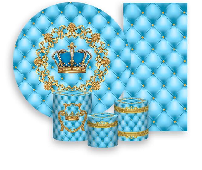 Imagem de Kit Painel De Festa + Trio Capa Cilindro + Faixa Veste Fácil - Realeza Coroa Azul Suave e Dourado 007