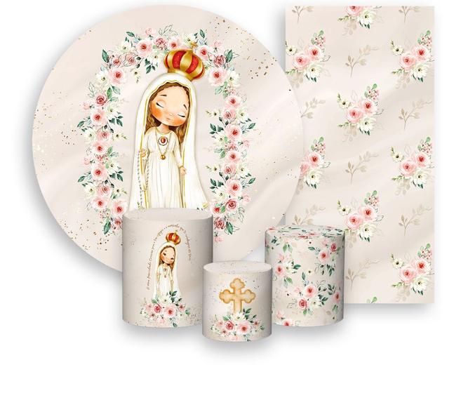 Kit Painel De Festa + Trio Capa Cilindro + Faixa Veste Fácil - Santa Nossa Senhora de Fátima Cute 009 - Via Cores Imagem de Kit Painel De Festa + Trio Capa Cilindro + Faixa Veste Fácil - Santa Nossa Senhora de Fátima Cute 009