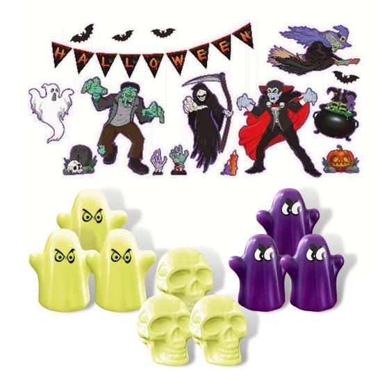 Imagem de Kit Painel Decorativo Com 24 Peças Halloween Com Fantasminhas e Crânios