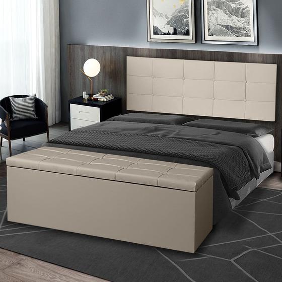 Imagem de Kit Painel e Calçadeira Baú Roma Solteiro 90cm Suede Bege - Montanaris Decor