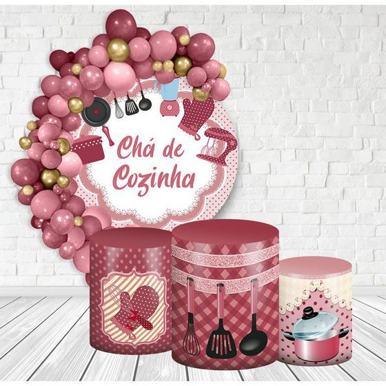 Imagem de Kit Painel Redondo + Trio Capas Cilindro Veste Fácil com Elástico Chá de Cozinha Cha de Panela