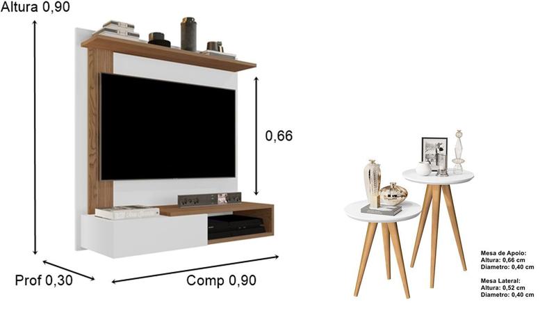 Imagem de Kit Painel TV até 32P Dallas Branco / Freijó 2 Mesas Pés Palito Branco - JM Casa dos Moveis