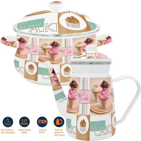 Imagem de Kit Panela Caçarola Bule Cake Esmaltados Com Indução Vintage