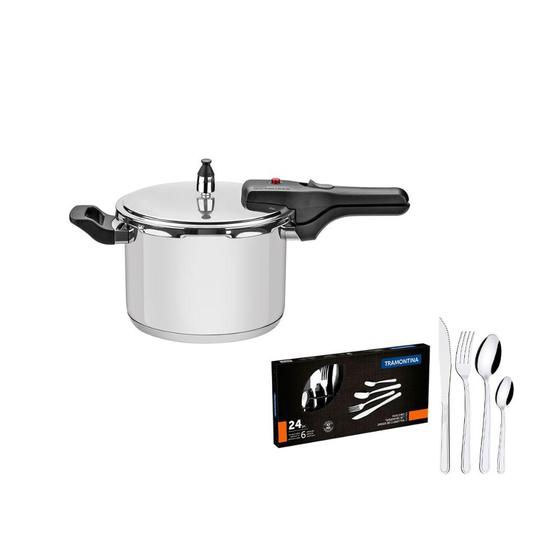 Imagem de KIT - Panela de pressão inox 4,5l Brava + Faqueiro inox Buzios 24pçs - Tramontina