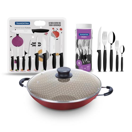 Imagem de KIT - Panela WOK 6L 36 cm Vermelho + 1 Faqueiro 30pç + 1 Conjunto Facas 9pç - Tramontina