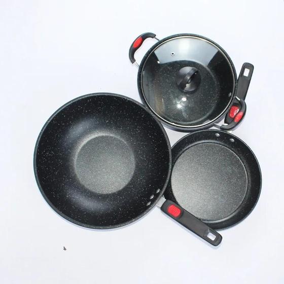 Kit Panelas Stone Granito 3 Peças Antiaderente Para Fogão a Gás