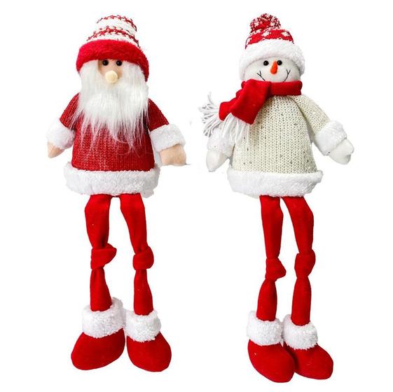 Imagem de Kit Papai Noel e Boneco de Neve Sentado Perna Mole Pelúcia Vermelho e Branco Candy 48cm - Magizi