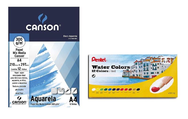 Imagem de Kit Papel Canson Aquarela +Aquarela Pentel 12 CORES HTP-12