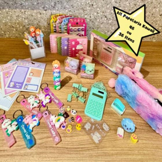 Imagem de Kit Papelaria Kawaii Fofa 46 Itens Criativos Cute Colors Presente Luxo Organização Material Escolar