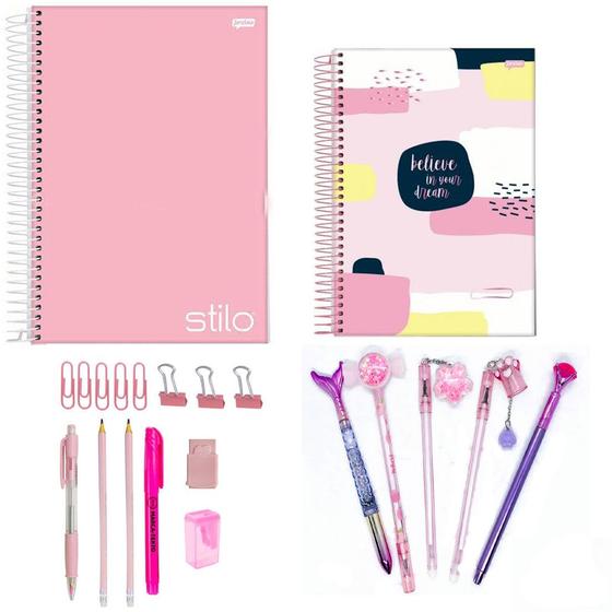 Imagem de Kit Papelaria Tons de Rosa Fofa Kawaii Cor Rosa Escolar Neon Pastel