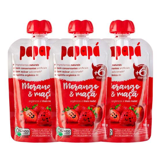 Imagem de Kit Papinha Infantil Orgânica Morango e Maçã Papapá - 3 Unidades 100g
