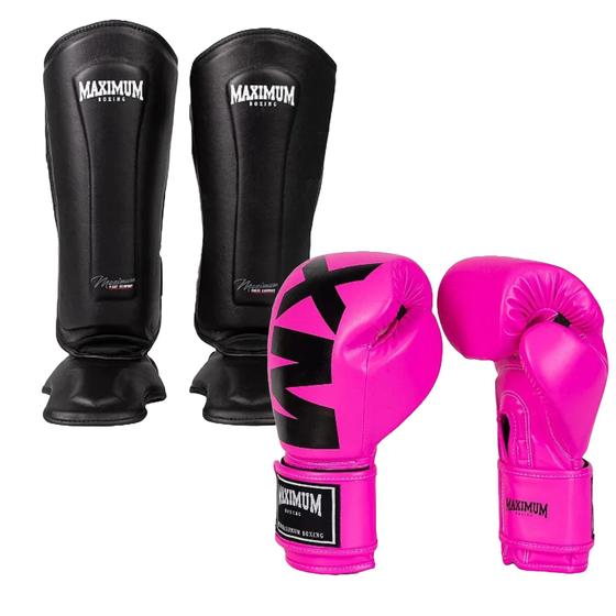 Imagem de Kit Par de Caneleira Classic Black + Par Luva Boxe Muay Thai Kickboxing Maximum MXM 12oz Pink