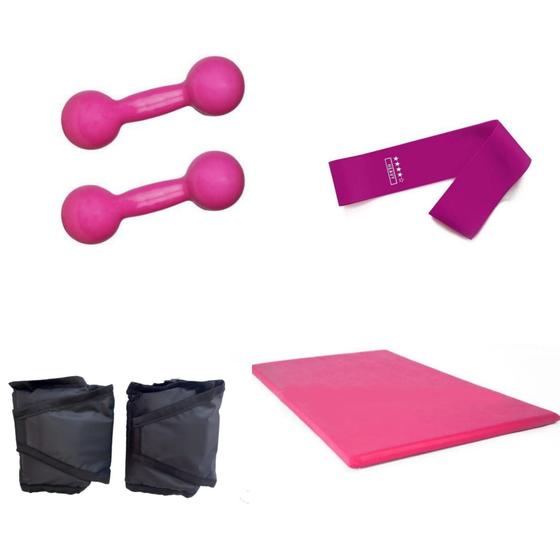 Kit Par Halter 3 Kg Pesos Emborrachados Academia + Par Caneleira 3 Kg + Colchonete + Elástico p Menor preço em Kit Par Halter 3 Kg Pesos Emborrachados Academia + Par Caneleira 3 Kg + Colchonete + Elástico p