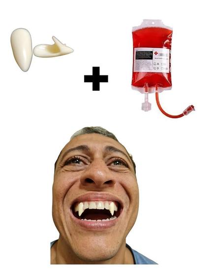 Imagem de Kit Par Presas Vampiro Resina e Bolsa de Sangue p/ Bebidas