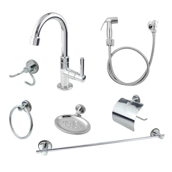 Imagem de Kit Para Banheiro Acessórios Metal Inox + Torneira Banheiro Lavatório 1198 + Ducha Higiênica Kit Completo 7 Peças  2122