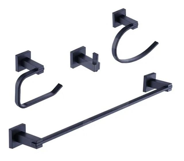 Imagem de Kit Para Banheiro / Acessórios Super Luxo Base Quadrada Metal Preto Fosco 4 Peças  - BA004PT