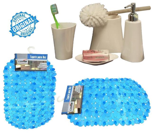 Imagem de Kit Para Banheiro Branco 4 Peças Em Plástico + Tapete Para Box PVC Antiderrapante Azul