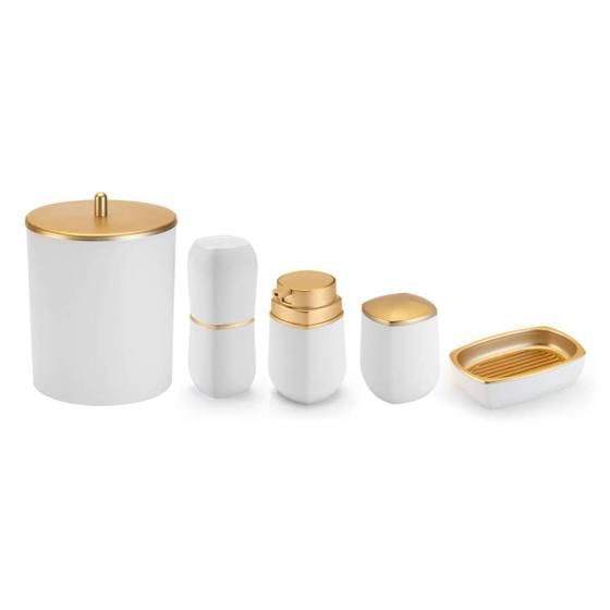 Imagem de Kit para Banheiro Lavabo 5 peças Branco e Dourado Linha Conceito