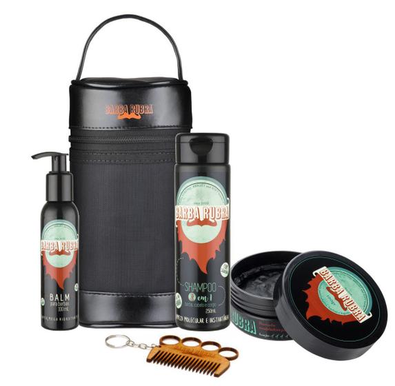 Kit Para Barba com Necessaire, Shampoo 3x1 250ml, Balm 100ml, Pomada 100g e Pente - Barba Rubra Menor preço em Kit Para Barba com Necessaire, Shampoo 3x1 250ml, Balm 100ml, Pomada 100g e Pente - Barba Rubra
