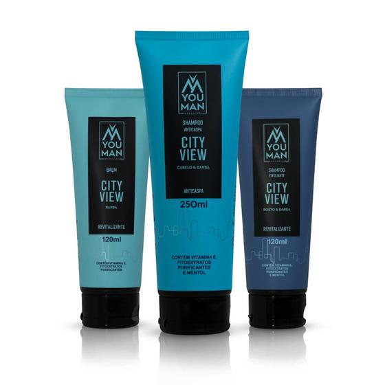 Imagem de Kit para barba da linha City View  3 ítens  shampoo anticaspa, shampoo esfoliante e balm