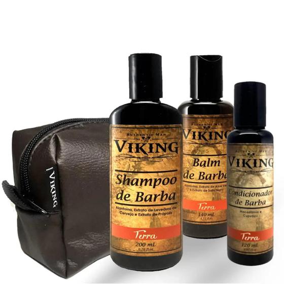 Imagem de Kit para Barba Shampoo + Condicionador + Balm de Barba Viking Terra + Necessaire