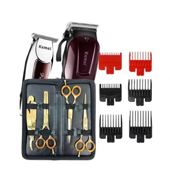 Imagem de Kit para barbearia 3 Tesoura Profissional Barbeiro Máquinas Corte Acabamento 110V/220V