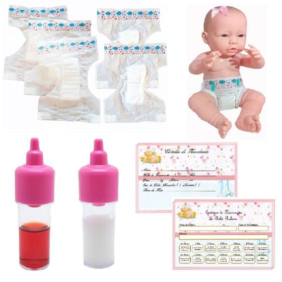 Imagem de Kit Para Boneca Bebe Reborn Menina Rosa - Fraldinhas Certidao Vacina Mamadeira
