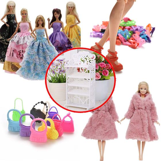 Imagem de Kit para Bonecas Roupas e Acessórios Mini Sapateira Casaco Vestidos Longos de Princesa Sapatos