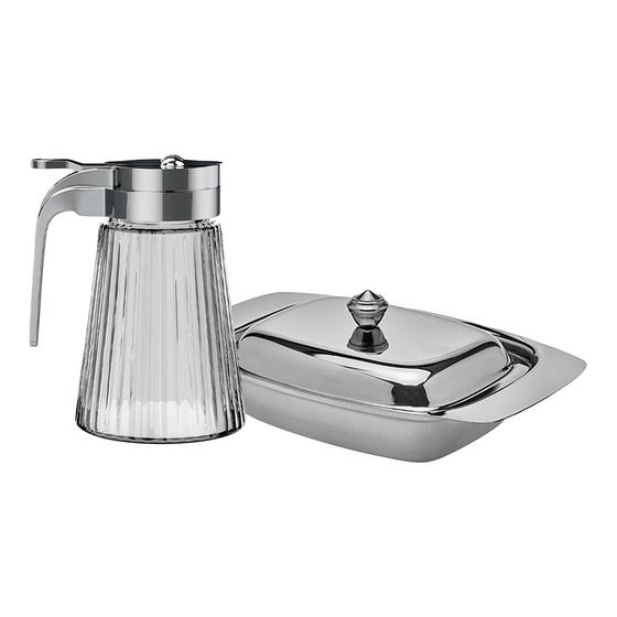 Imagem de Kit Para Café Da Manhã Com Manteigueira Inox E Porta Meleira De Vidro