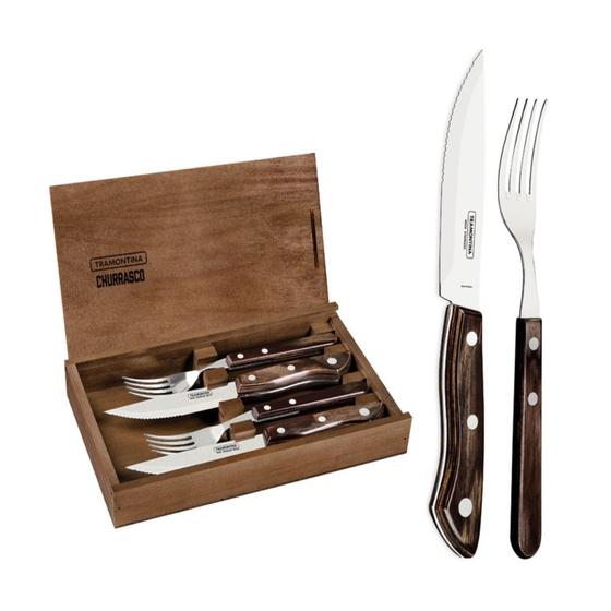 Imagem de Kit para Churrasco 4 Peças em Aço Inox Cabo Castanho Polywood com Estojo de Madeira Tramontina 29899/511