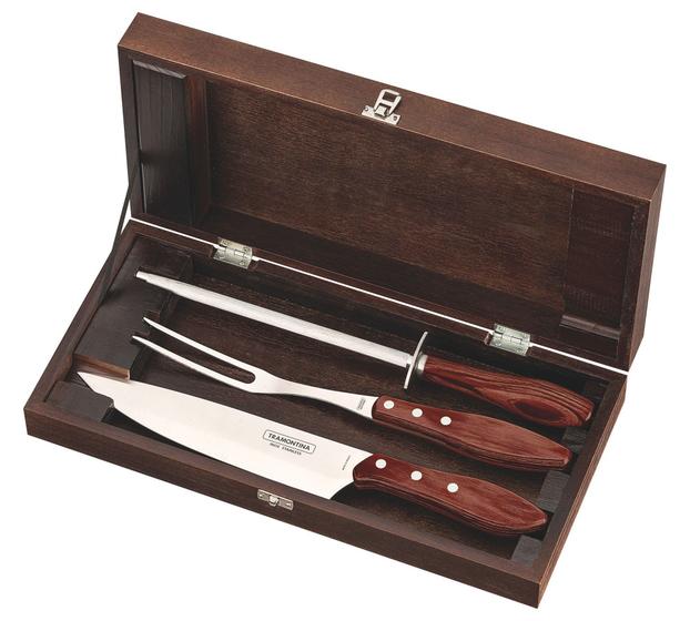 Imagem de Kit para Churrasco Tramontina em Aço Inox Cabo Vermelho Polywood com Estojo de Madeira 4 Peças