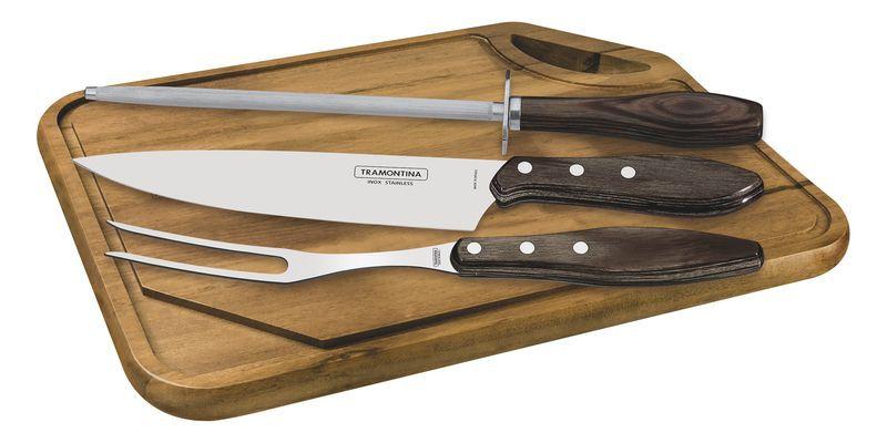 Imagem de Kit para Churrasco Tramontina Inox Cabo Castanho Polywood com Tábua de Madeira 4 Peças