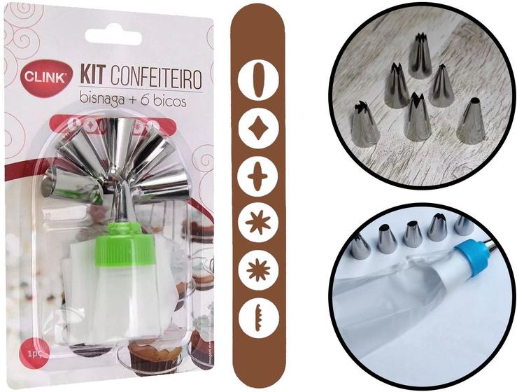 Imagem de Kit Para Confeiteiro Com Saco De Silicone + 6 Bicos De Aço Inox Confeitar Bolos Cupcakes Sobremesas