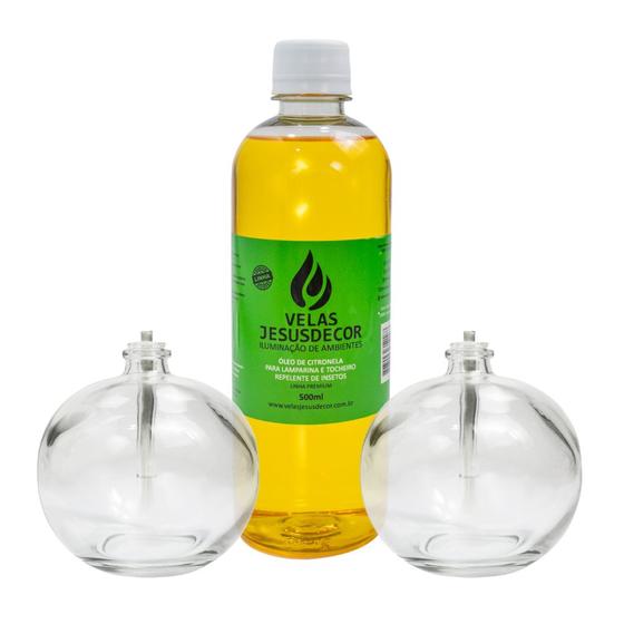 Imagem de Kit Para Decoração Com 2 Lamparinas Bola 100 ml + 1 Frasco Fluido Citronela