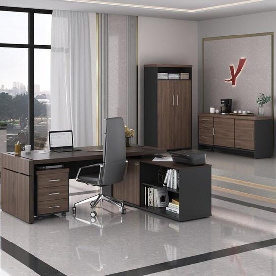 Imagem de Kit para Escritório 4 Peças com Mesa em L Diretor, Balcão com Gavetas, Gaveteiro e Armário com Nicho